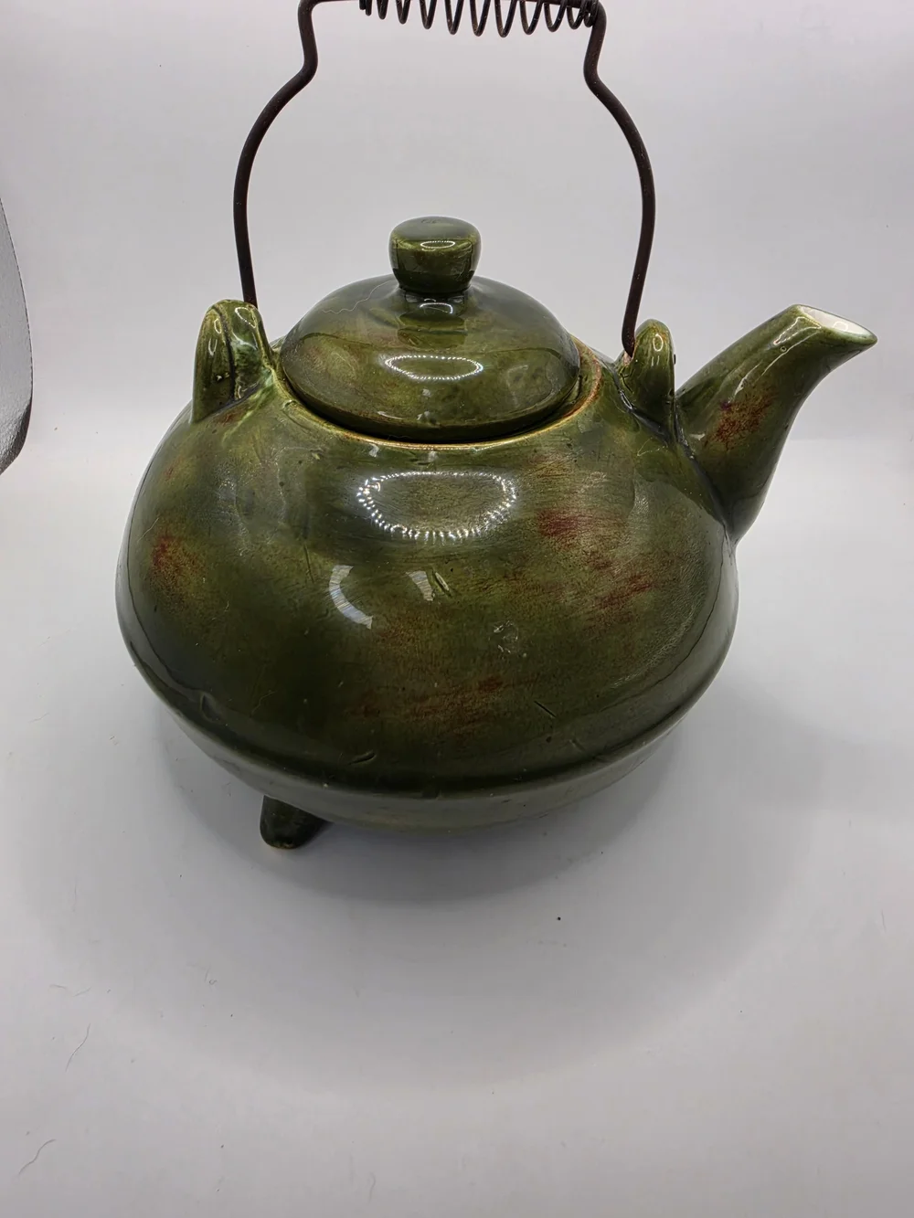 Vintage 1960s Glazed Ceramic Stoneware Teapot in Olive Green with Coil Wire Hand